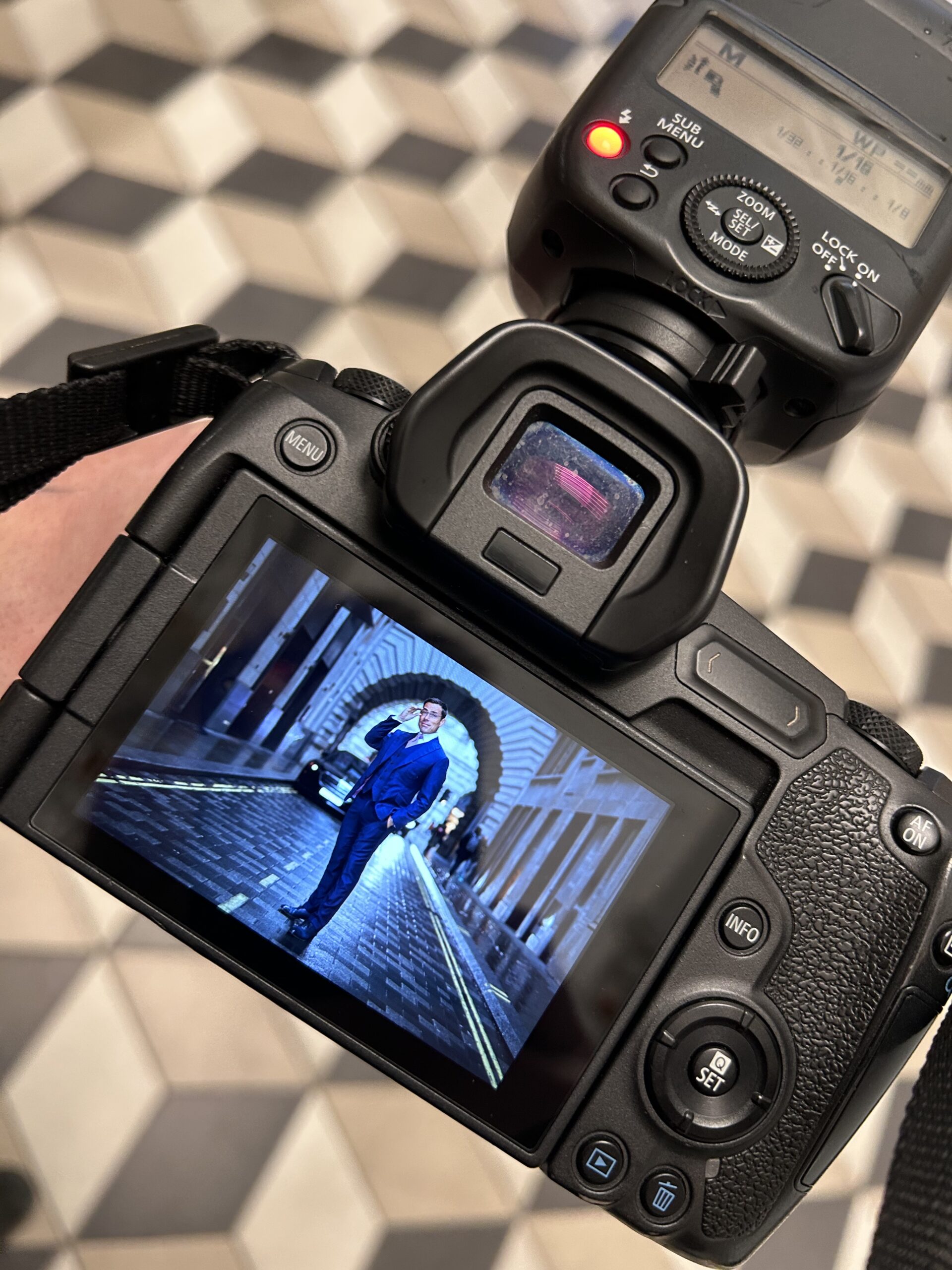 Close-up of model in video shoot