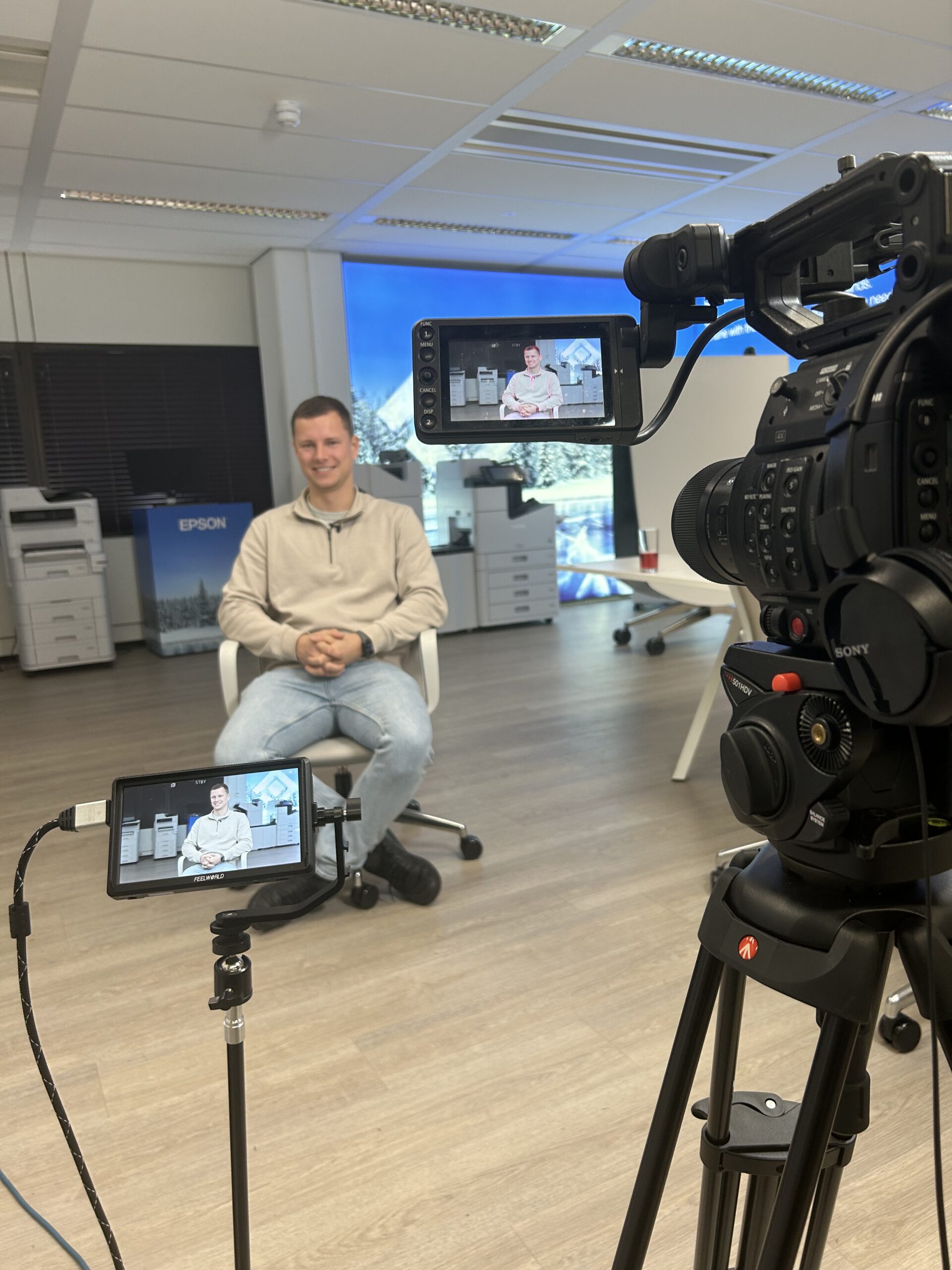 Close-up of model in video shoot